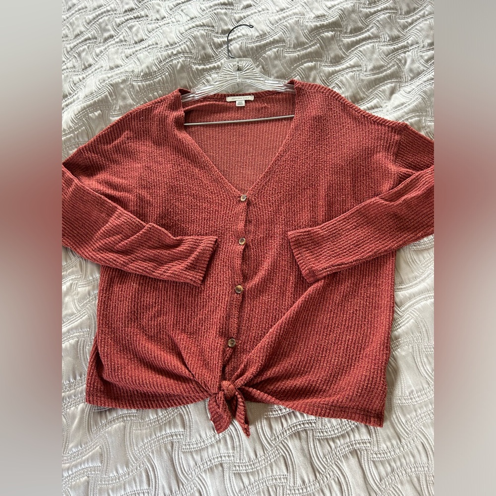 American Eagle Orange/Brown Waffle Long Sleeve Top with Front Knot Tie Womens S